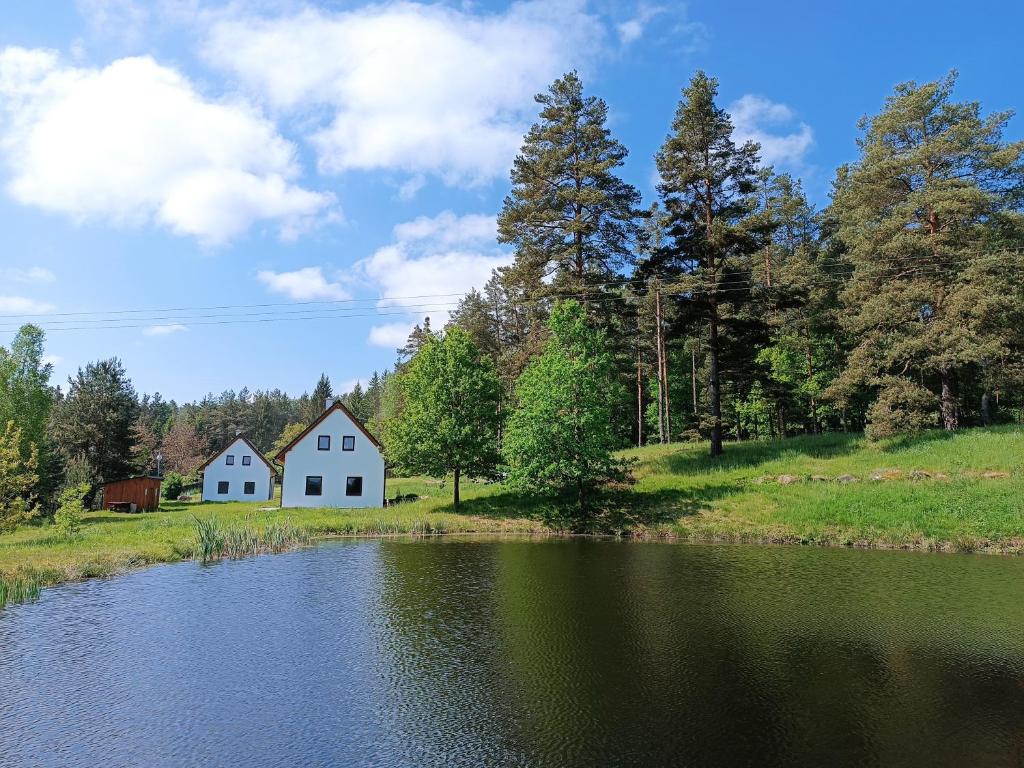 新比斯特日采Klidná lokalita Na kraji lesa, celý dům s úschovnu kol的湖畔小山上的白色房子