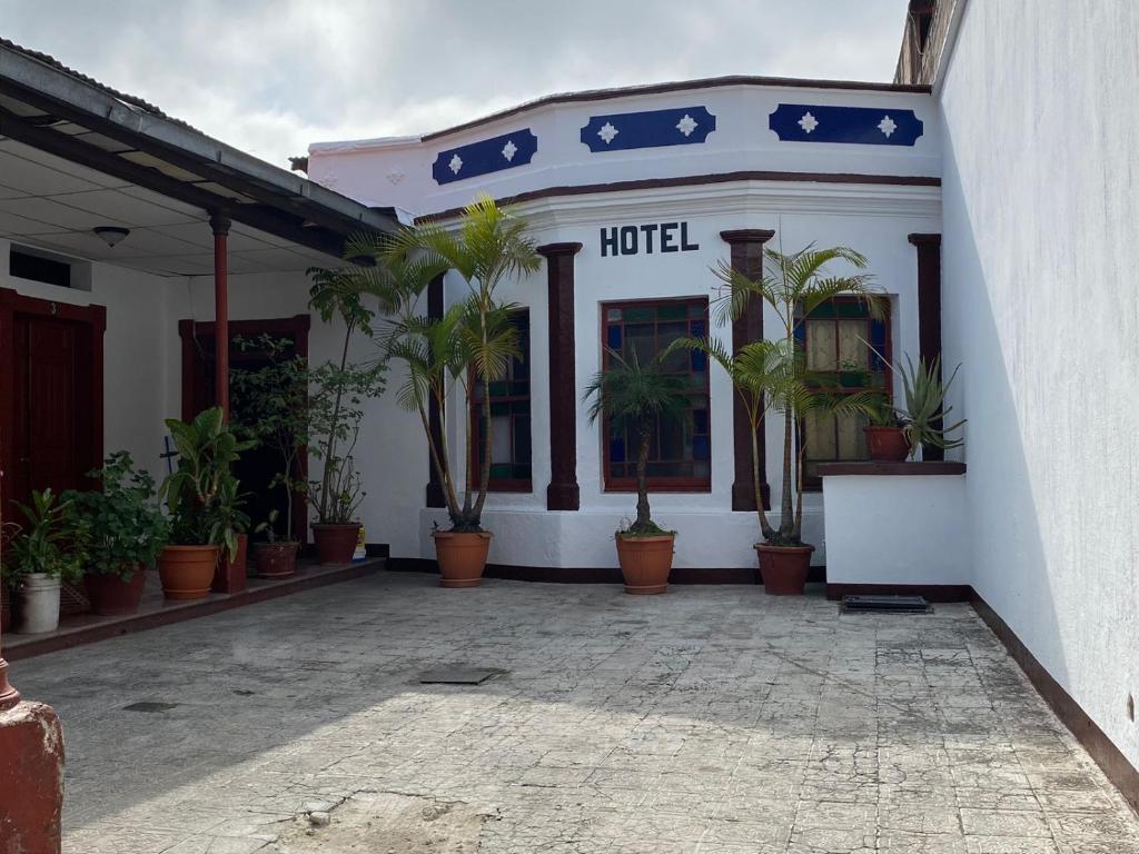 危地马拉Hotel Malybu的建筑前有盆栽的旅馆