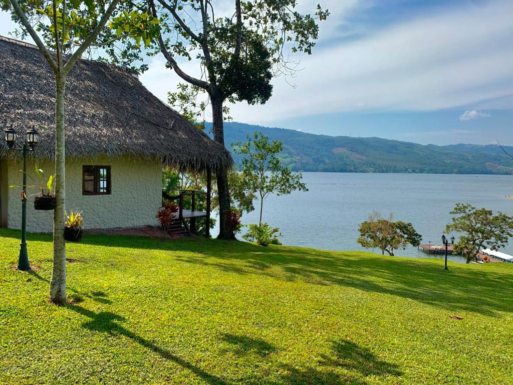 SauceSauce Lodge - Laguna Azul的草屋顶和湖泊的房子