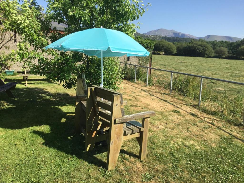 兰贝里斯泰德林博瑟农场酒店的坐在草地上的带雨伞的长凳