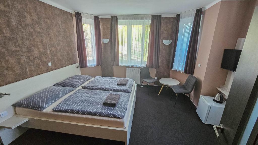 特普利采杏树酒店的卧室配有一张床和一张桌子及椅子