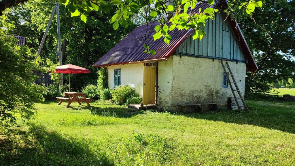 MyustelʼViini puhkemaja的一个带野餐桌和红色屋顶的小房子