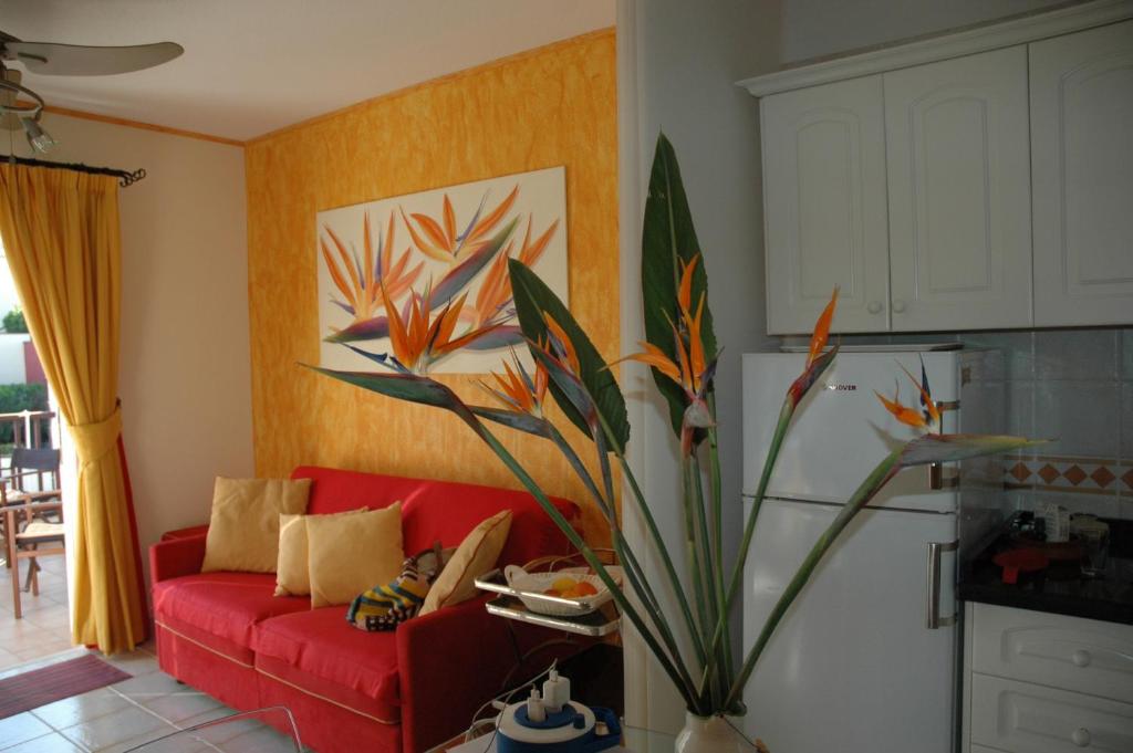 洛斯克里斯蒂亚诺斯Penthouse El Mirador Los Cristianos Tenerife - VV的客厅配有红色沙发和植物
