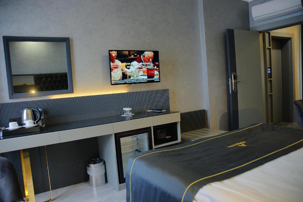 安卡拉alfin otel的酒店客房设有一张床和墙上的电视