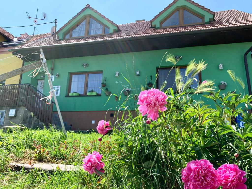 克伦特尼采Penzion Villa Verde Moravia的前面有粉红色花的绿色房子