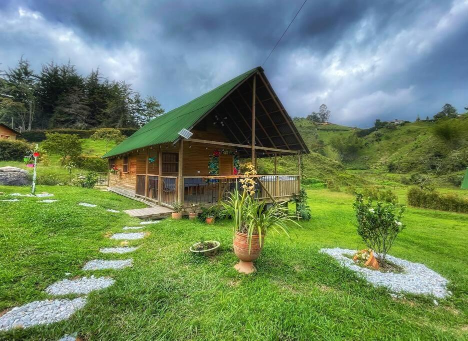 El PeñolEspectacular Cabaña Loft en Guatape - Jacuzzi的草场上带绿色屋顶的房子