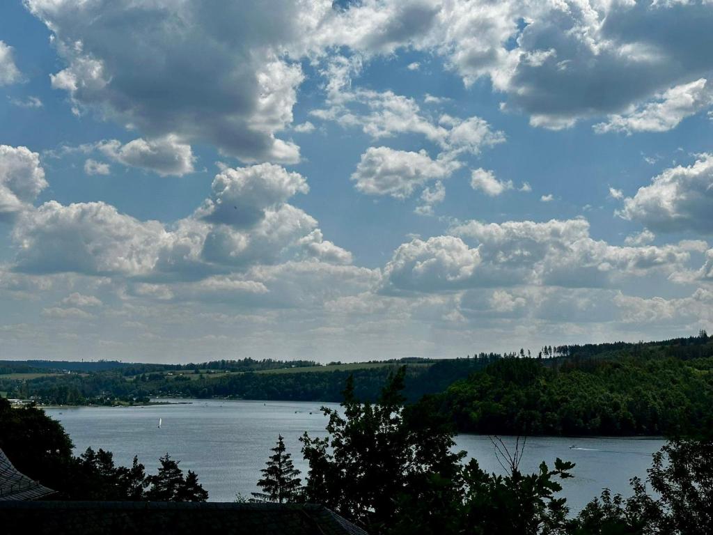 施莱茨Auszeit im Wald direkt am See的天空中云层的河流景色