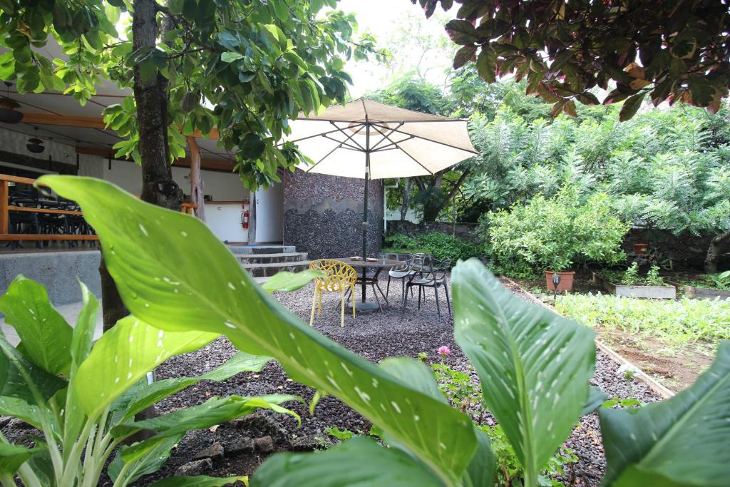 阿约拉港拉瓦之家旅馆的一个带桌子和遮阳伞的庭院