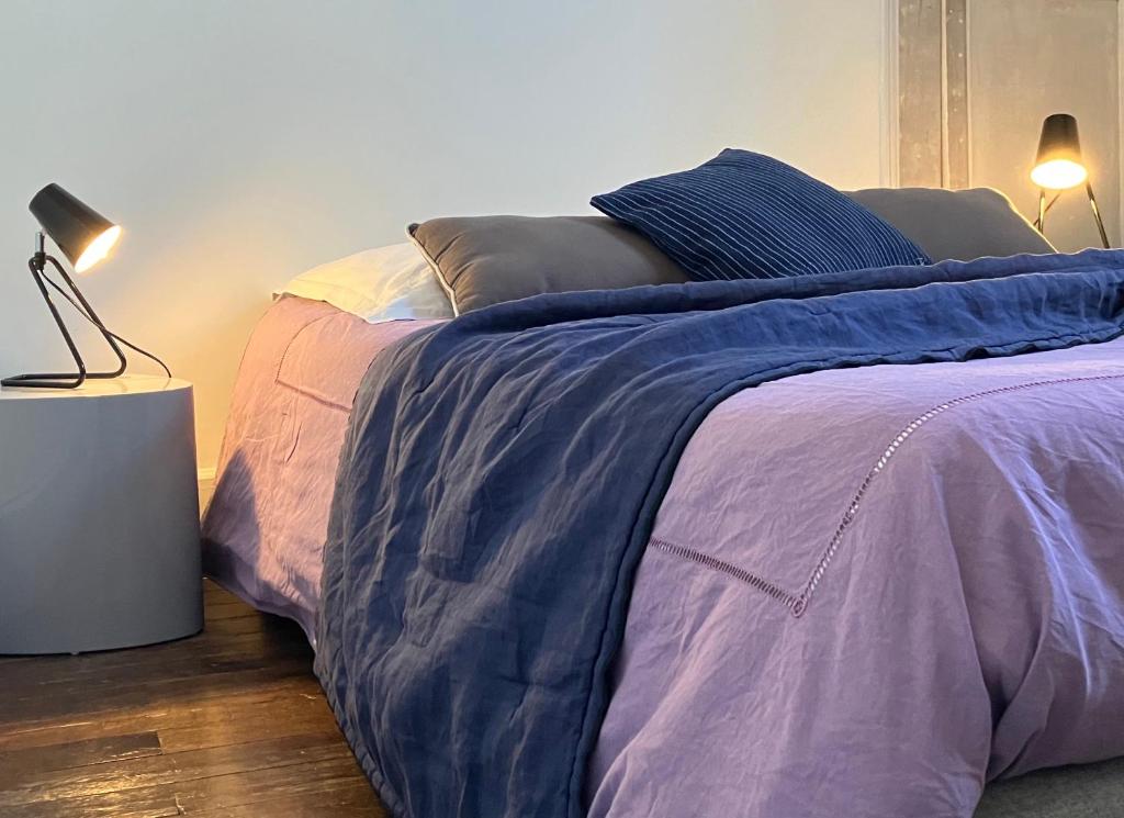 圣艾尼昂Sur la Route de Beauval的一间卧室配有一张蓝色和紫色床单的床