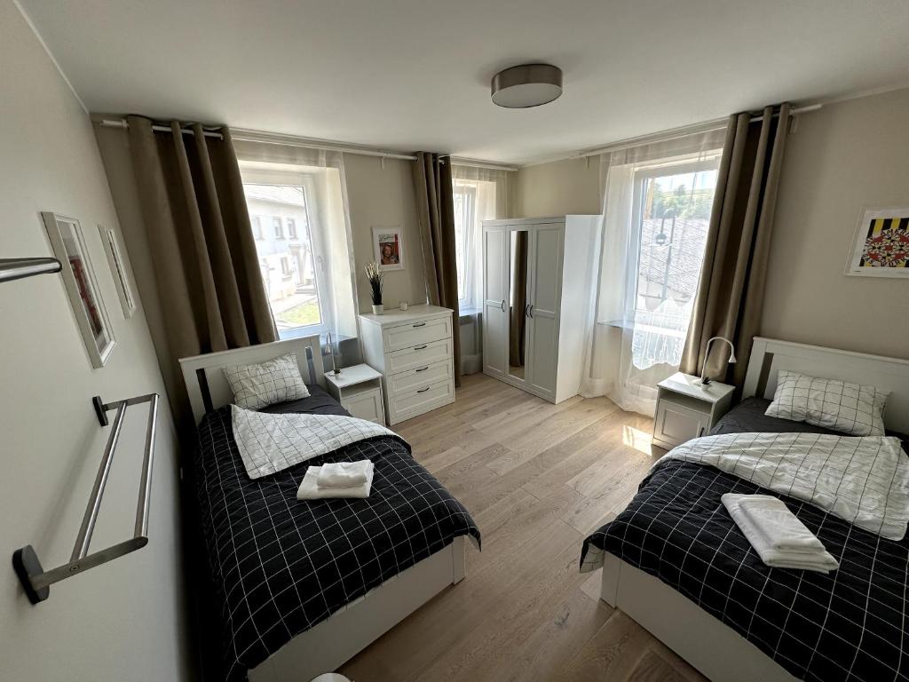Deluxe Double Rooms Helfant Luxembourg的一间卧室设有两张单人床和一个窗户。