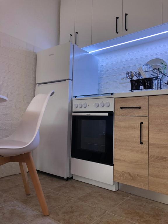 伊加洛Apartman Cmiljanic的厨房配有炉灶和白色冰箱。