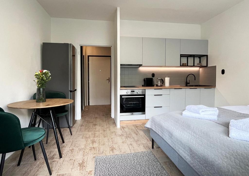 布拉迪斯拉发New cozy studio, private parking的配有床和桌子的房间以及厨房