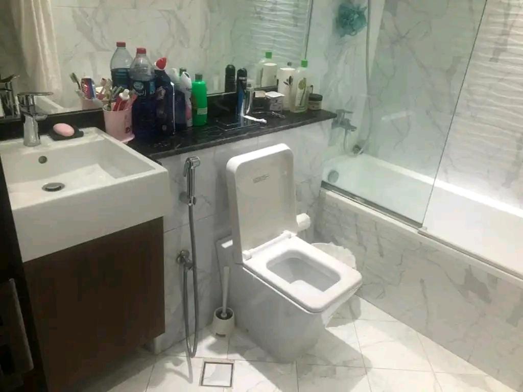 迪拜Moca hostel的浴室配有卫生间、盥洗盆和淋浴。