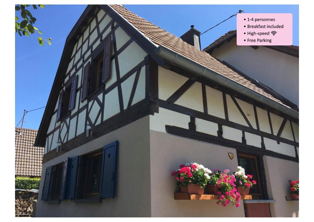 MunchhausenMaison de la Sauer - Bed and Breakfast | Chambre d’hôtes | Ferienhaus的白色房子,窗户上有鲜花