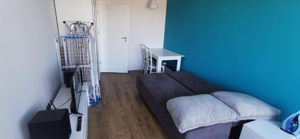 华沙Nowy 1 z 2 pokoi w mieszkaniu w Ursusie的蓝色客房 - 带一张床和一张书桌