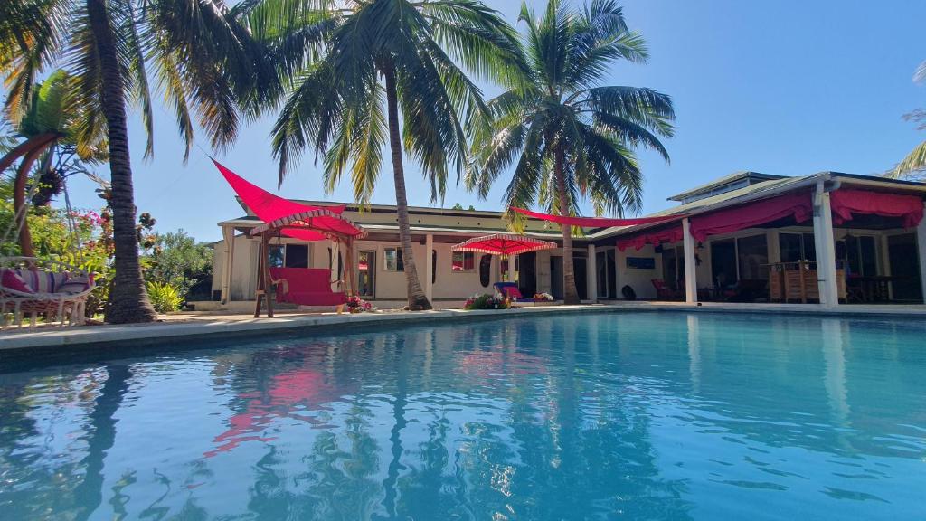 贝岛Villa Les Cocotiers的棕榈树屋前的游泳池