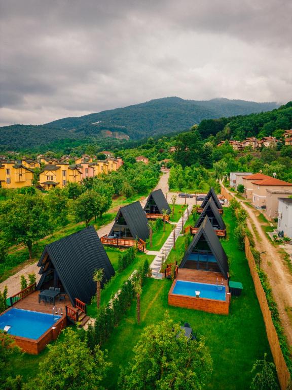 卡特佩Palm Bungalov Hotel的享有村庄的空中景致,设有房屋