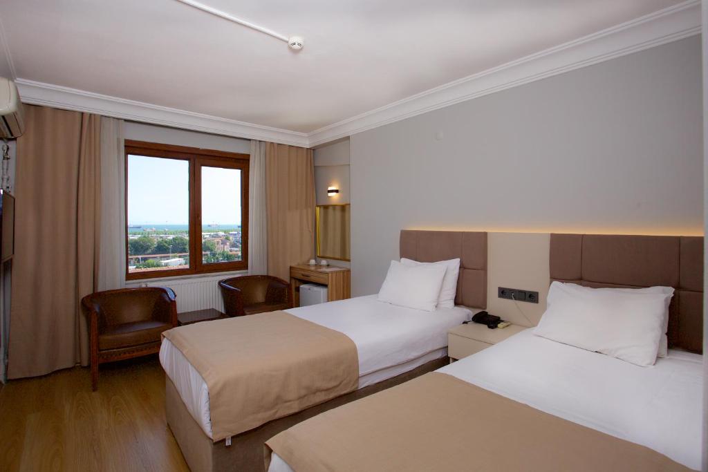 伊斯坦布尔大蚂蚁酒店的酒店客房设有两张床和窗户。
