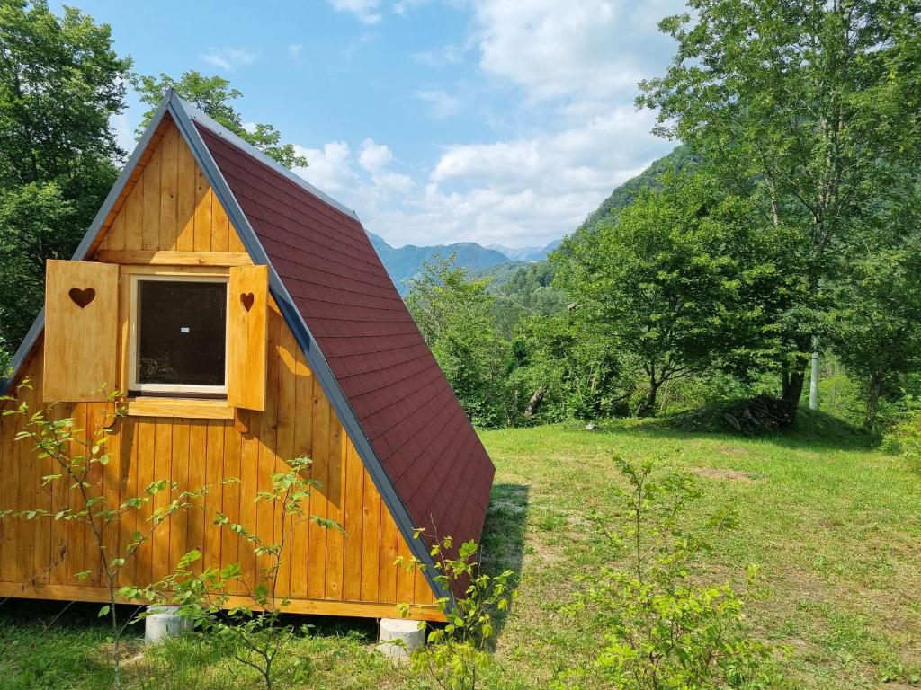 托尔明GLAMPING HOUSE ˇVITAˇ的木屋,在田野上设有红色屋顶