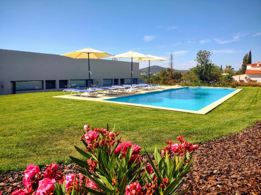 蒙卡拉帕舒Suites Sunny hill的庭院内带遮阳伞和鲜花的游泳池