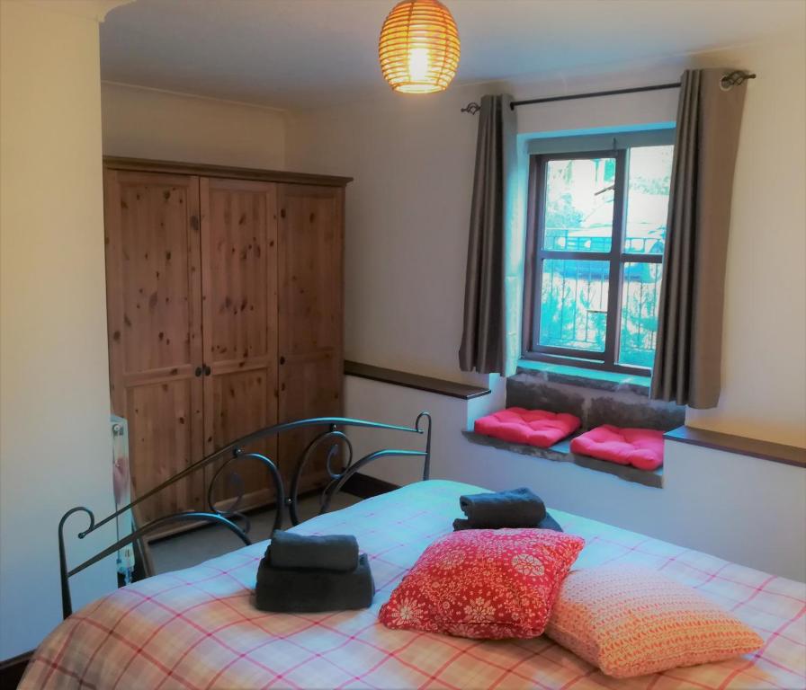 LlangorsePenybont Barn的一间卧室配有一张带红色枕头的床和一扇窗户