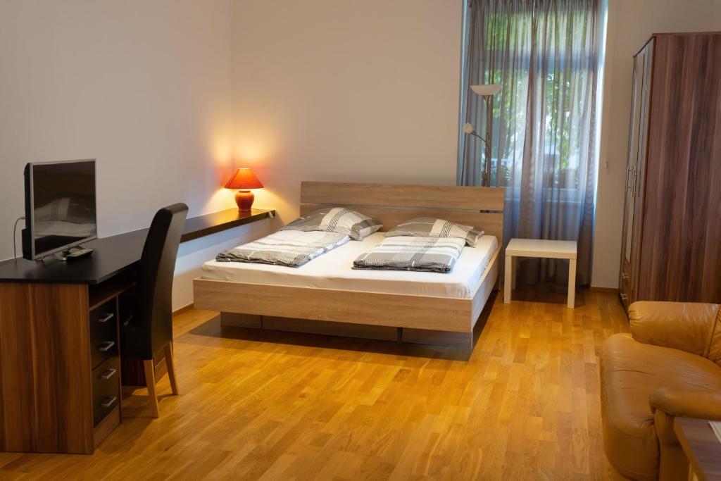 巴登-巴登菲林沃巴登巴登公寓的一间卧室配有一张床、一张书桌和一台电视