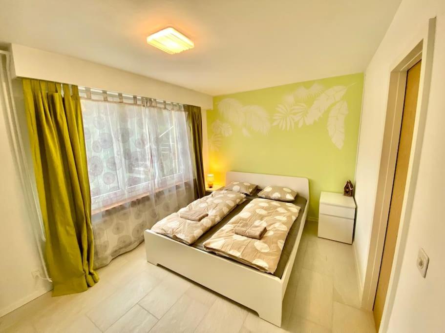 欧普菲康Green Sun - a cozy apartment close to the airport的一间带床的卧室,位于带窗户的房间内
