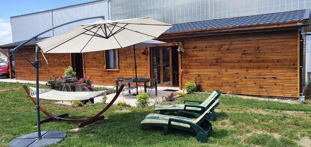 拉内默藏Chez LAVALOU Gîte 4* chaleureux en bois的庭院内设有带吊床和遮阳伞的庭院。