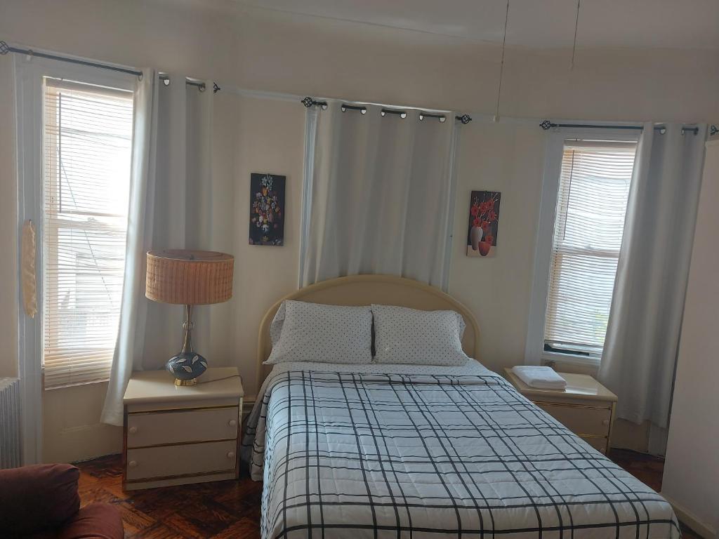 布鲁克林Crsytal Chateau Room Rental的一间卧室配有一张带铺着平底毯的床