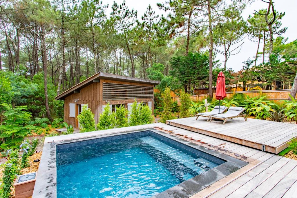 雷日卡普费雷Charmante maison en bois avec piscine dans les pins à la pointe的一座游泳池,位于带房子的庭院中间
