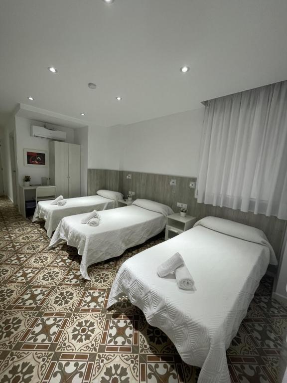 巴塞罗那巴塞罗那新星旅舍的一间酒店客房,内有三张床