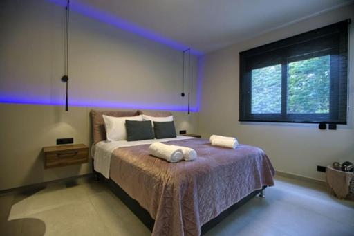 纳夫普利翁Animus Premium apt的一间卧室配有一张床,上面有两条毛巾