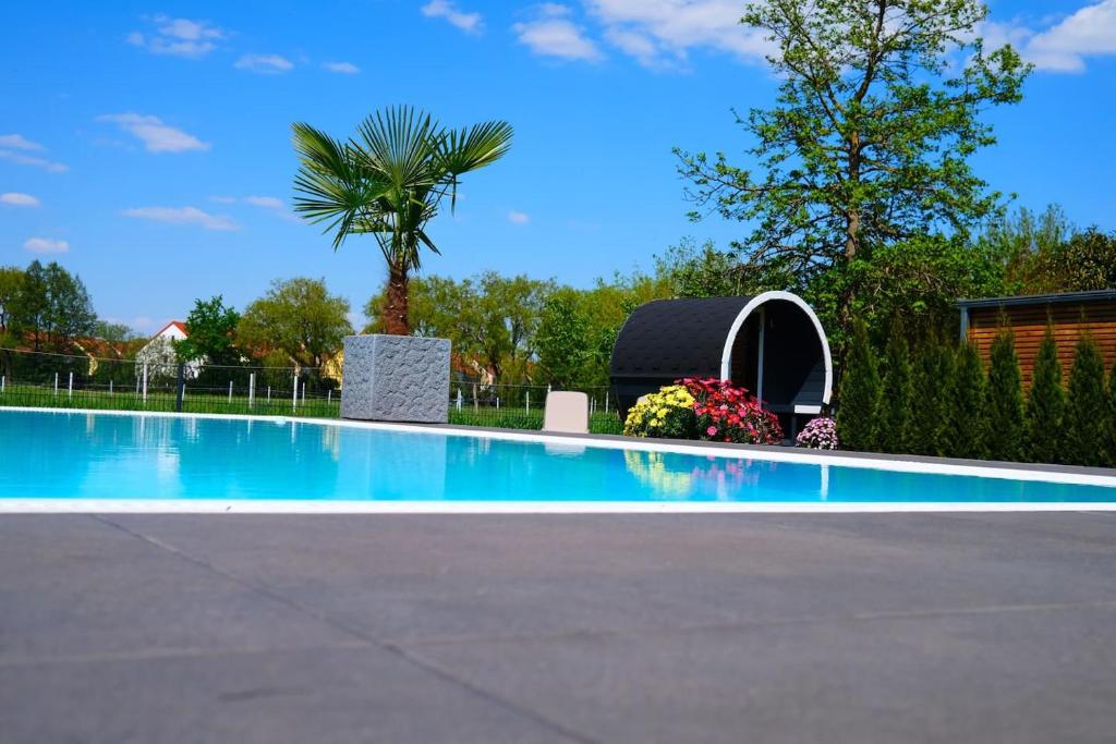 朗斯多夫Pool Sauna Entspannung的一座棕榈树游泳池和一座建筑