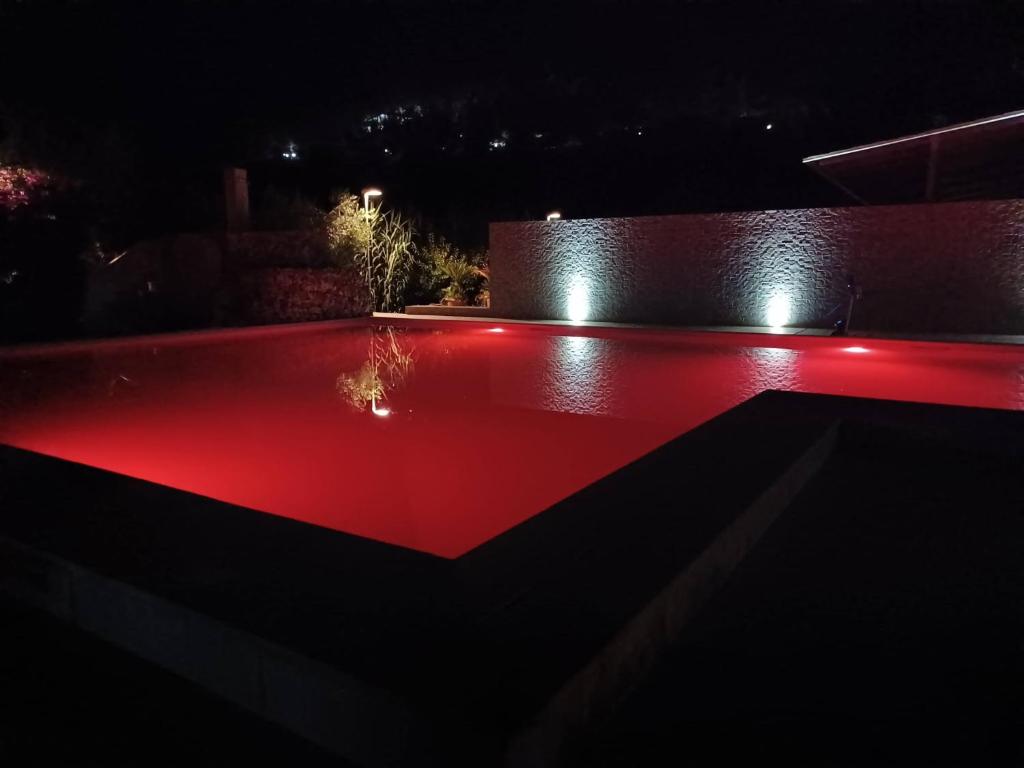 维耶斯泰Hotel Parco Carabella partner Elite Hotels的游泳池在晚上提供红色照明