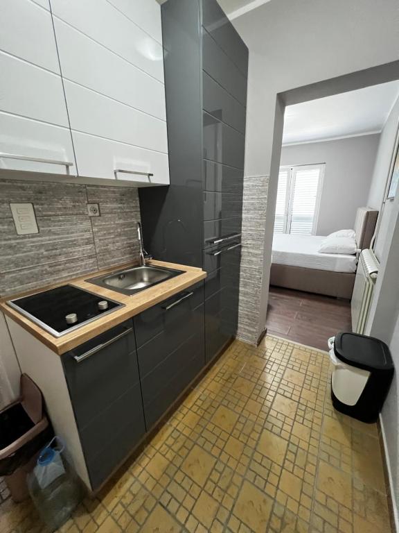 布德瓦Guest House Mrvaljević的一个带水槽和水槽的小厨房