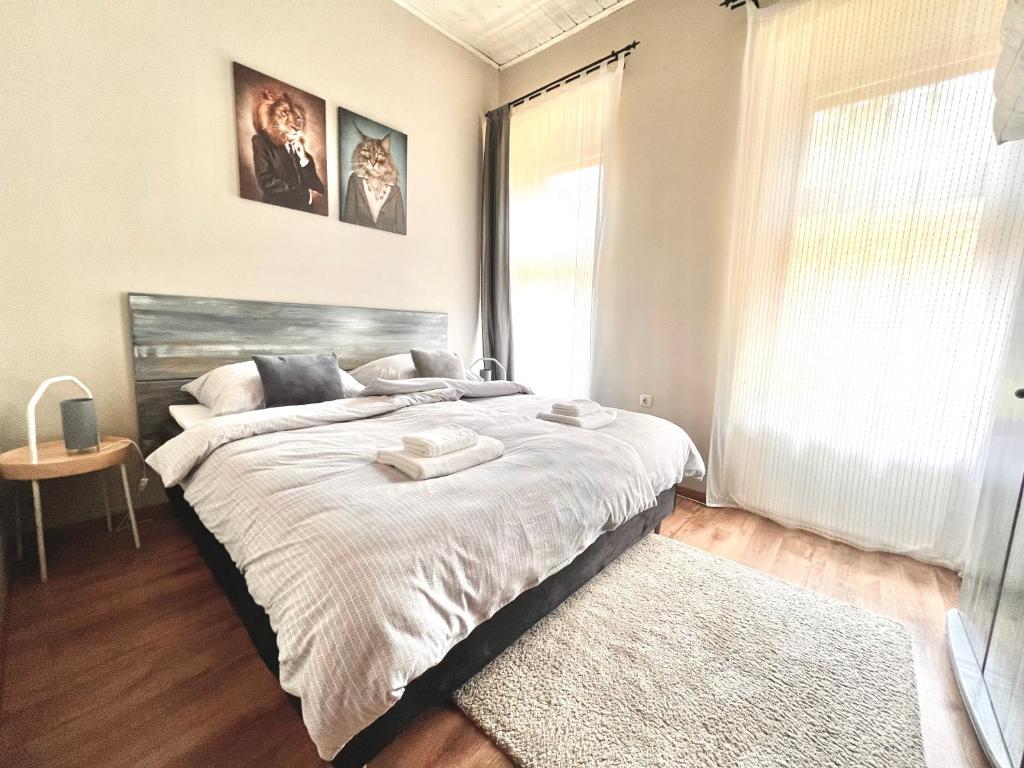 维斯普雷姆Kőház Apartman的一间卧室设有一张大床和一个窗户。