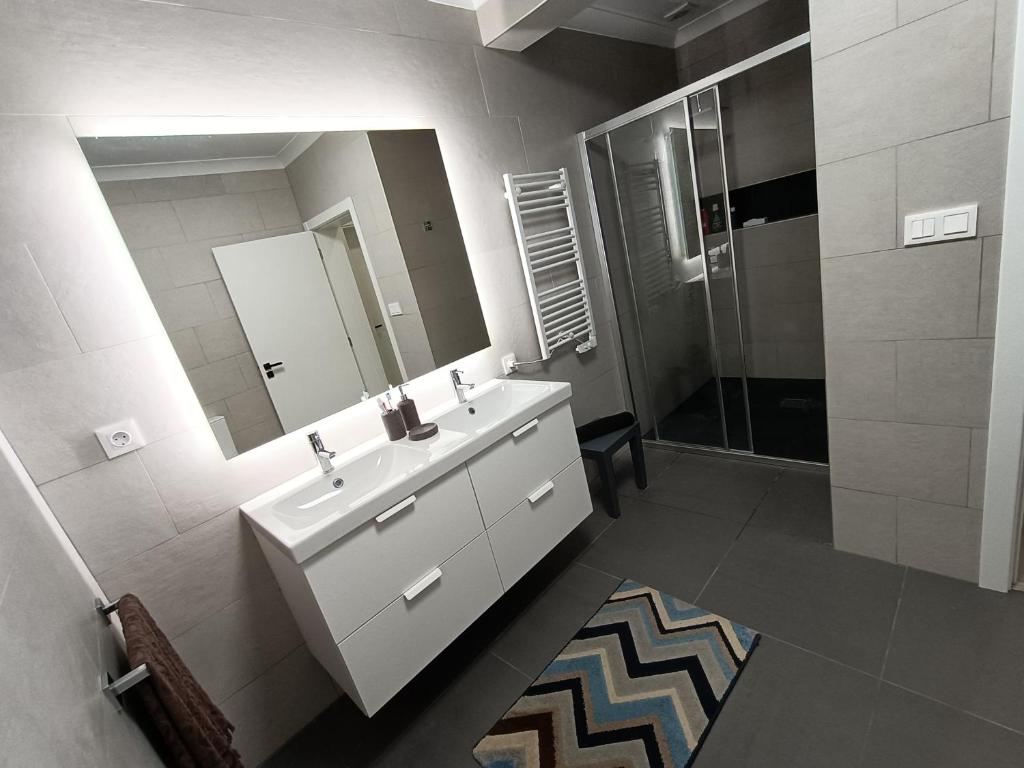 波瓦桑Sons da Ribeira的一间带水槽、镜子和淋浴的浴室