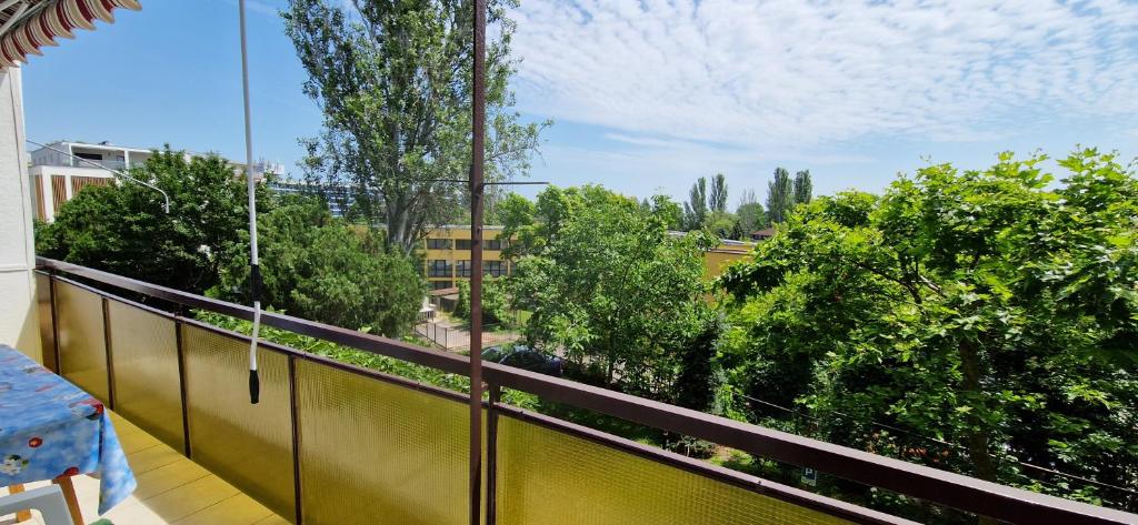 巴拉顿菲赖德Napfényes apartman的阳台享有树木和建筑的景致。