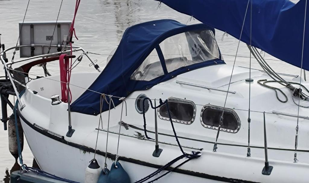 克莱佩达Valkirja的一条白色的船,上面有蓝色的天篷,坐在水里