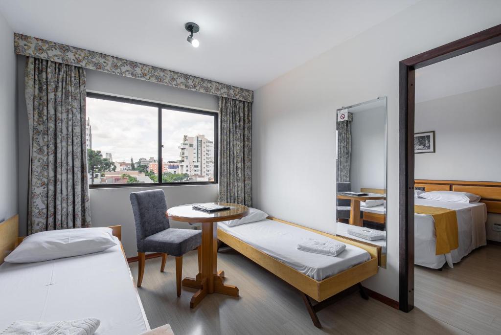库里提巴Hotel Flat Petras Residence的客房设有两张床、一张桌子和镜子