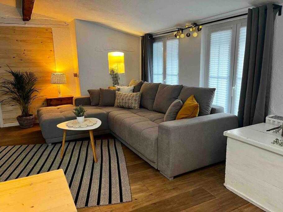 曲尔皮希Ferienhaus „große Familie“的客厅配有灰色的沙发和桌子