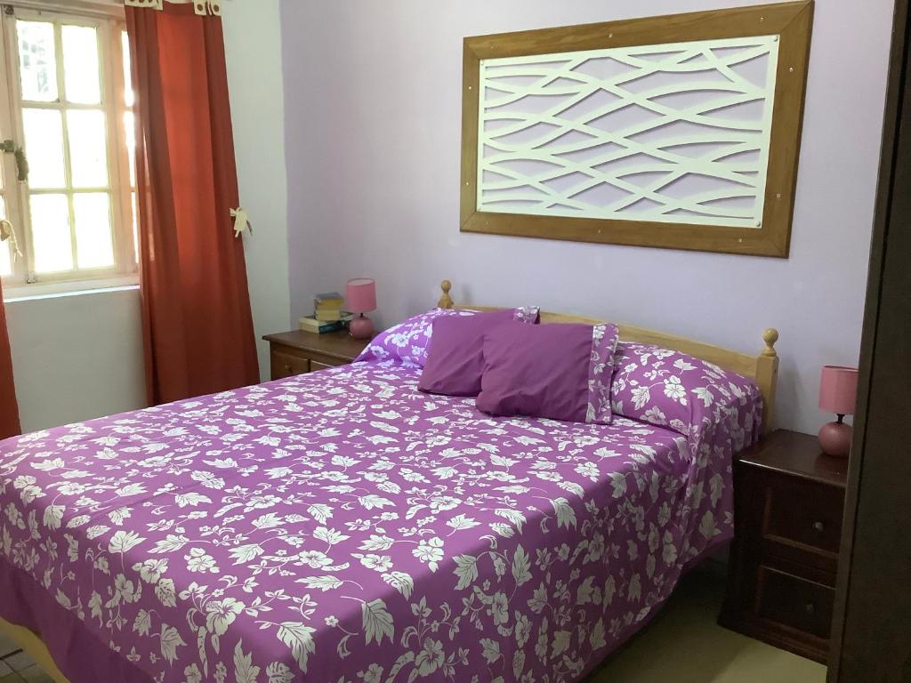 波拉波拉Bora Red Hibiscus Lodge的一间卧室配有一张带紫色床单的床和窗户。