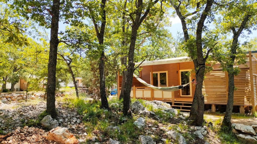 博迪昂Camping Rives du Lac de Sainte Croix的小木屋,设有吊床