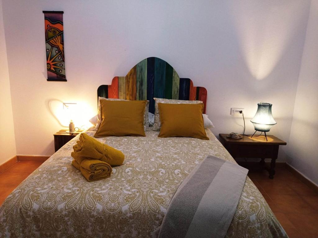 贝莱斯布兰科Los Caños de La Casa Viva的一间卧室配有一张带色彩缤纷枕头的大床