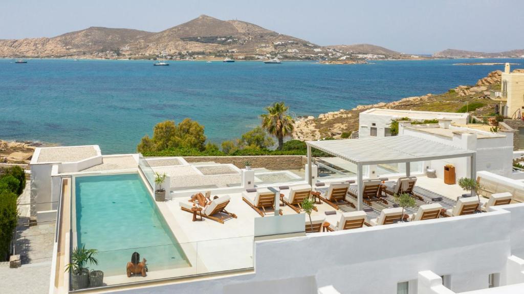 纳乌萨Parian Lithos Residence的享有别墅空中景致,设有游泳池和海洋