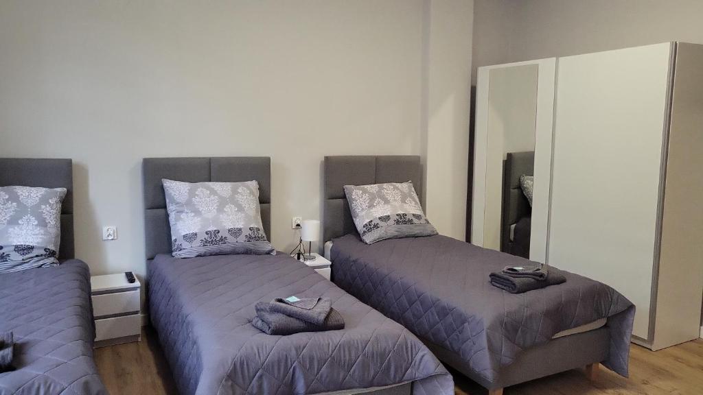 雷布尼克Central Platinum Apartments 2的一间卧室配有两张床和镜子