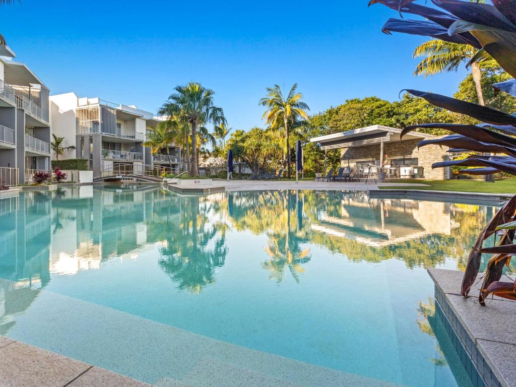 金斯克里福Drift North Beachfront Apartments - Private Apartments的度假村内棕榈树游泳池