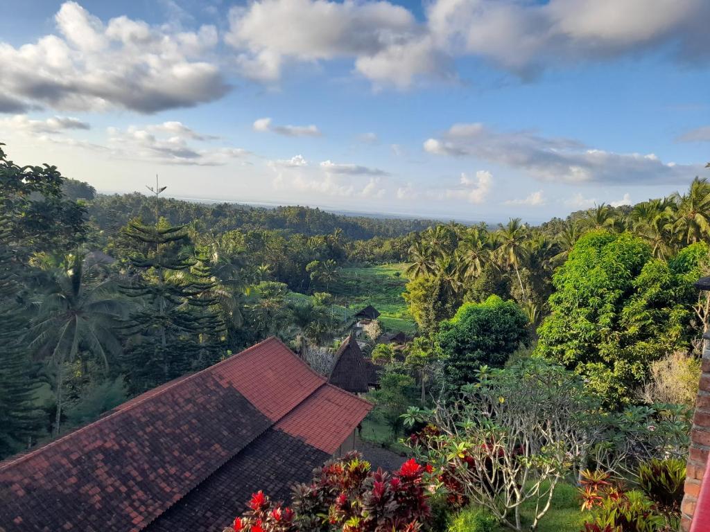 塔巴南Kebun Villa, Belimbing, Bali的站在森林中房屋顶端的人