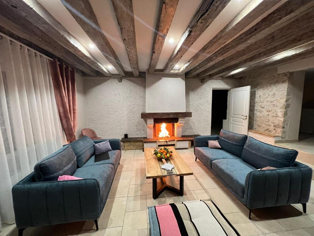 布鲁瓦Gîte « Les Basse des Grouets »的客厅设有两张沙发和一个壁炉