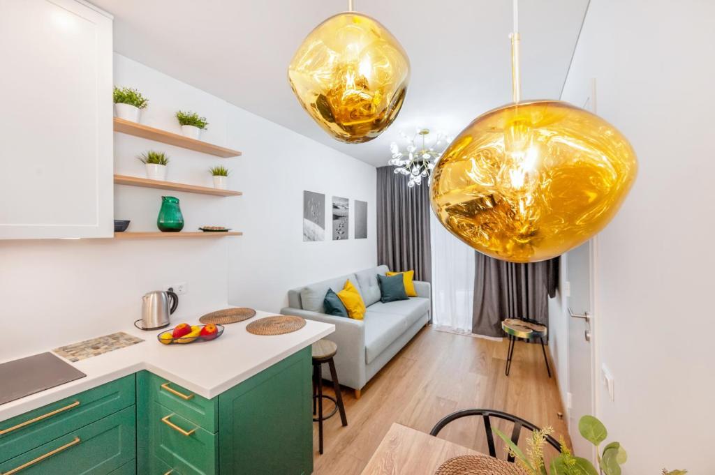 耶德库安特COME2rest - Kalno namai的厨房以及带绿色橱柜和金色吊灯的起居室。